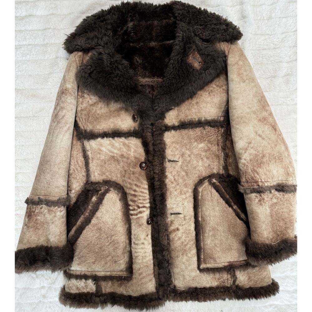 Cooper Genuine Leather Shearling Men's Coat Brown Beige Vintage Marlboro Man